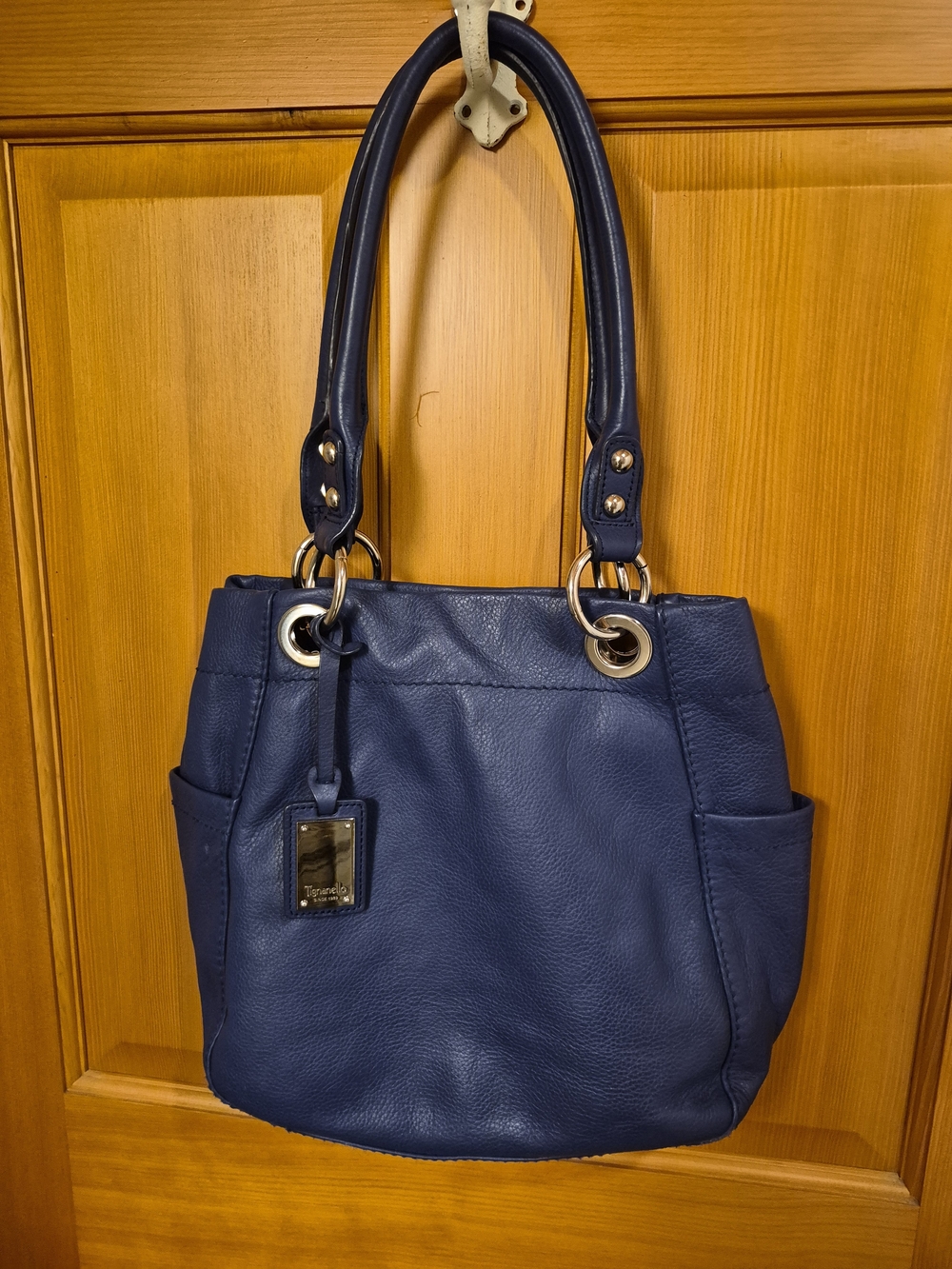 Tignanello Navy Blue Pebbled Leather Shoulder Tote Bag